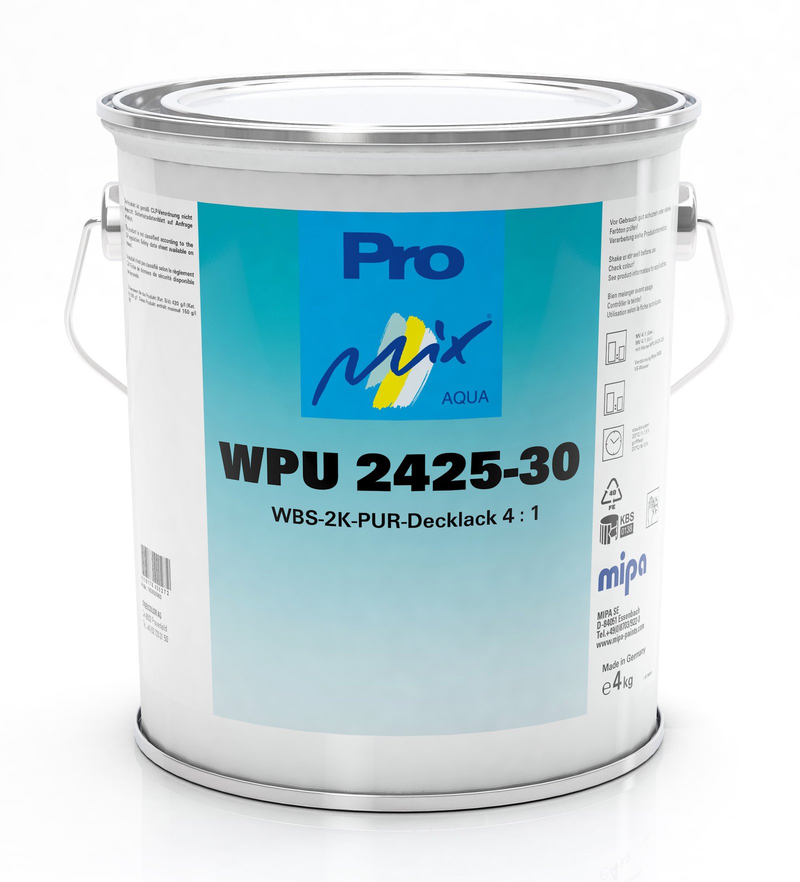 Mipa WPU 2425-30 4 kg net WBS 2K-PU top coat, silk matt, various shades, size III